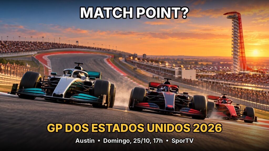 Ilustração de três carros de Fórmula 1 na subida para a curva 1 do Circuito das Américas, em Austin, ao pôr do sol, para o GP dos Estados Unidos 2026
