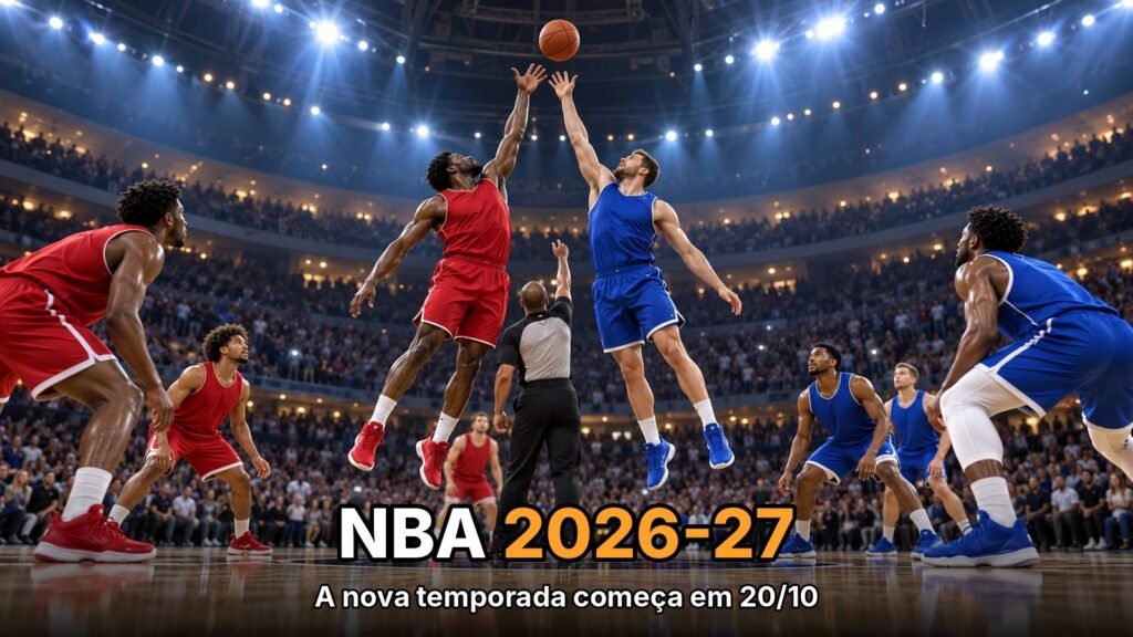 Ilustração do salto inicial de um jogo de basquete entre um time de vermelho e outro de azul, numa arena lotada, na abertura da temporada da NBA 2026-27
