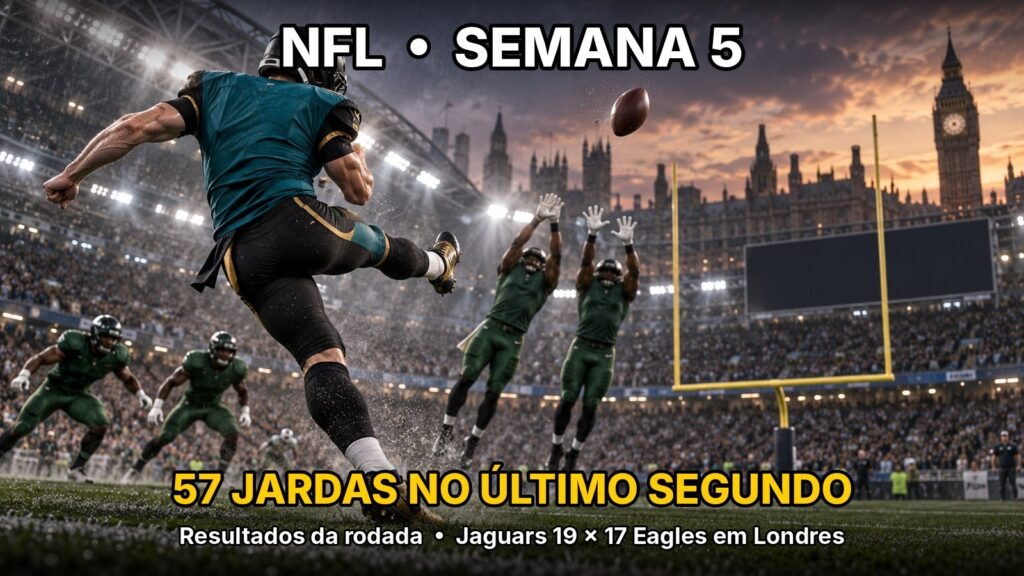 Ilustração de um kicker de uniforme verde-azulado chutando um field goal no último segundo em um estádio lotado de Londres, com o Big Ben ao fundo