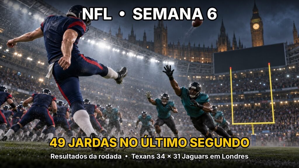 Ilustração de um kicker de uniforme azul-marinho chutando o field goal da vitória no último segundo em um estádio lotado de Londres, com o Big Ben ao fundo