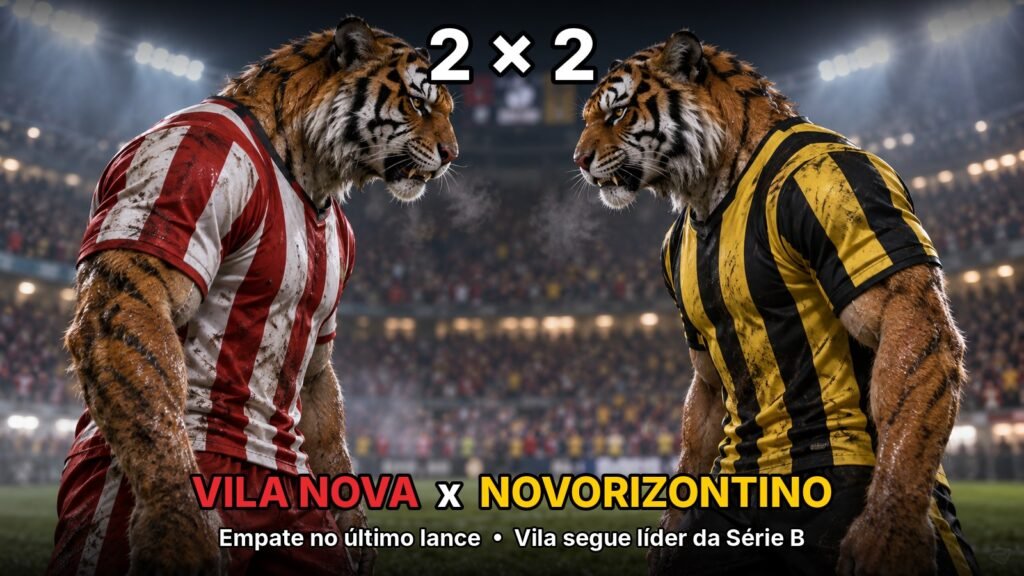 Ilustração de dois tigres cara a cara num estádio lotado, um com uniforme listrado vermelho e branco e outro amarelo e preto, depois do empate em 2 a 2 entre Vila Nova e Novorizontino