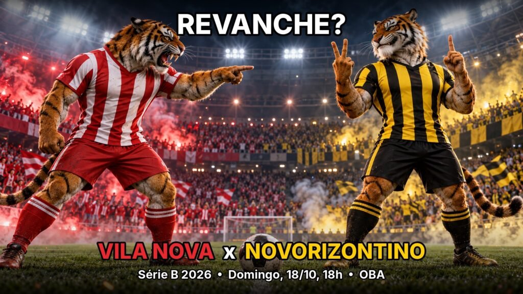 Ilustração de dois tigres, um de uniforme vermelho e branco e outro de amarelo e preto, se provocando num estádio antes de Vila Nova x Novorizontino